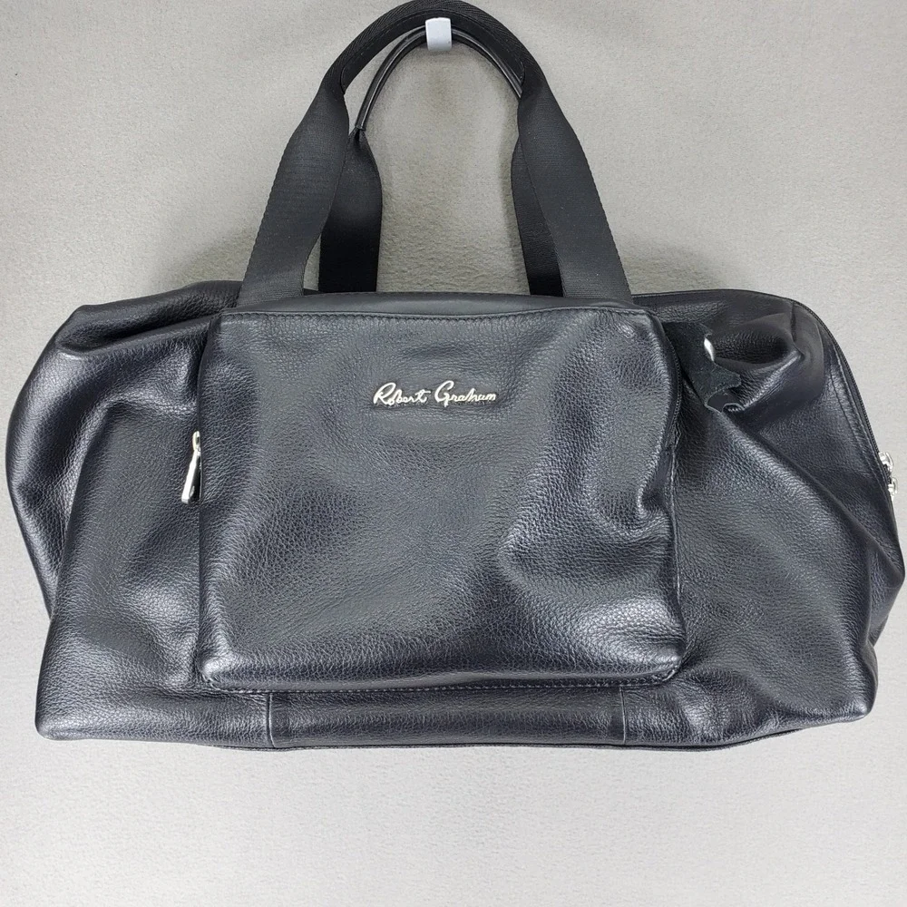 Robert Graham Duffel Bag Black Leather Pebbled Weekender Travel Luggage Bag